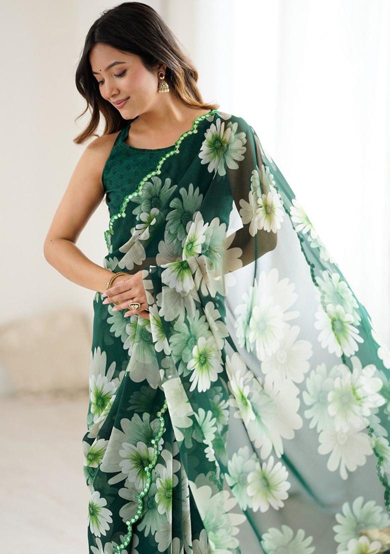 Green Gota Patti Georgette Saree Set - Indya