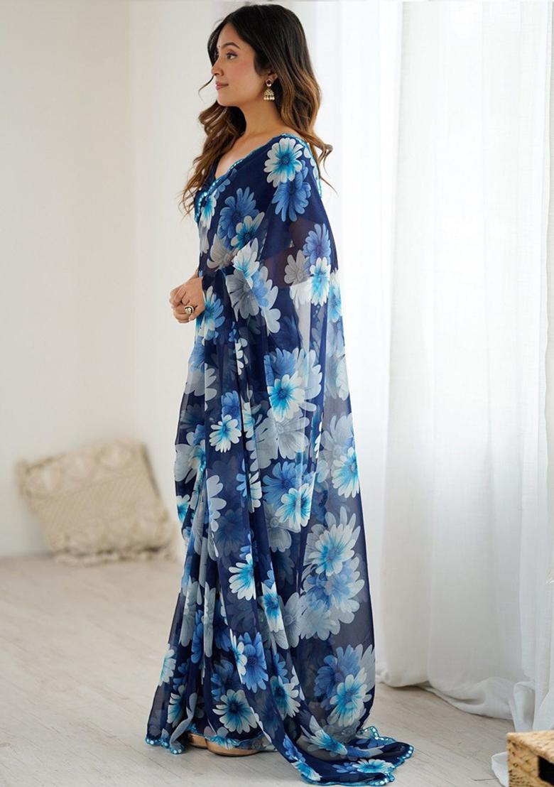 Blue Gota Patti Georgette Saree Set - Indya
