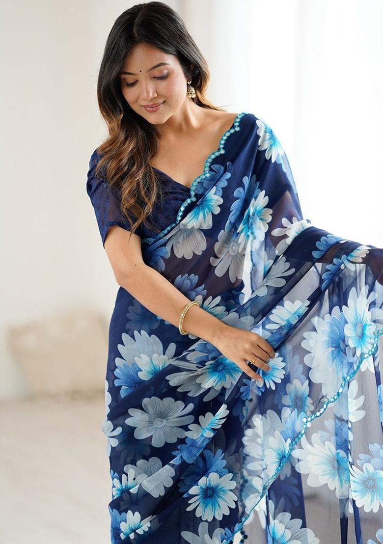 Blue Gota Patti Georgette Saree Set - Indya