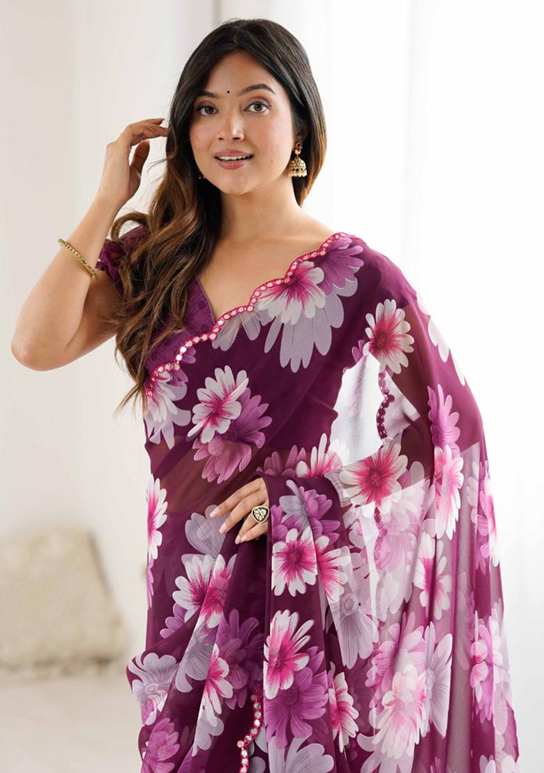 Purple Gota Patti Georgette Saree Set - Indya