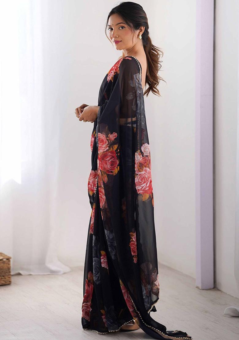 Black Gota Patti Georgette Saree Set - Indya