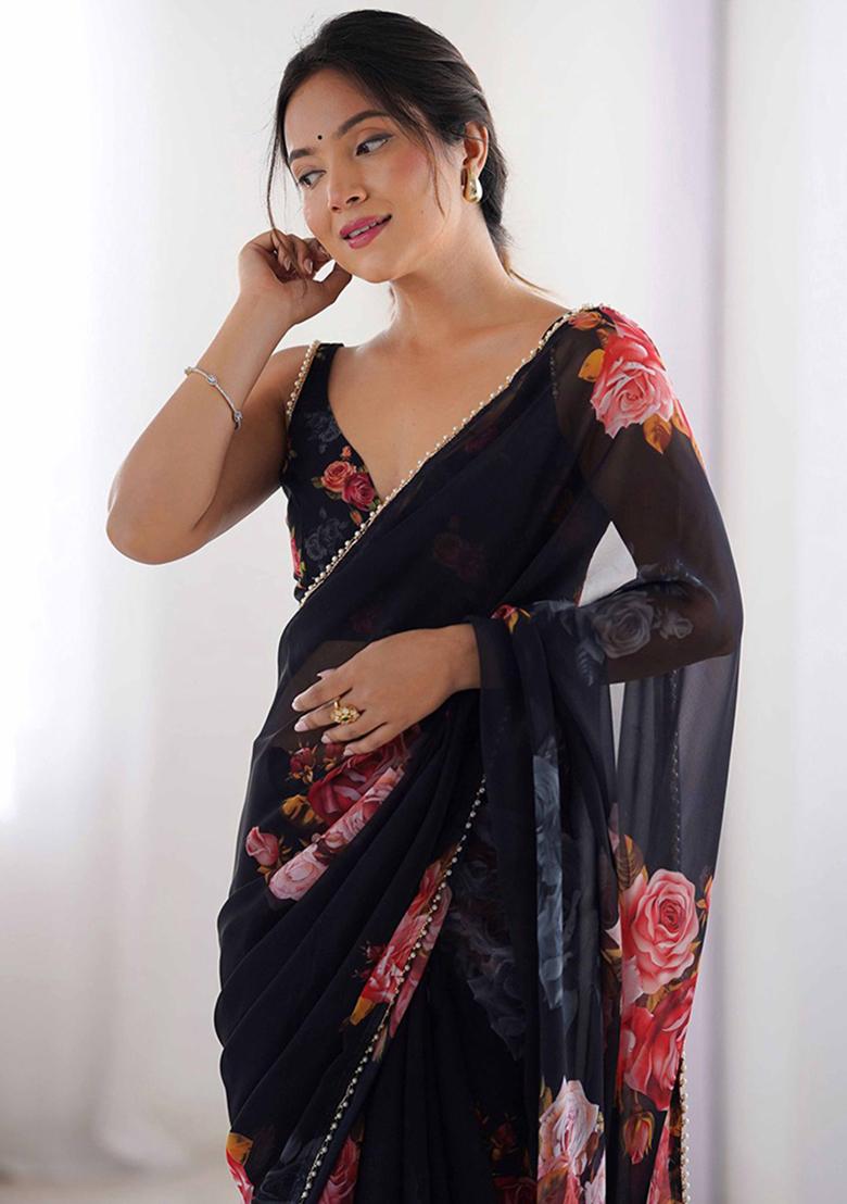 Black Gota Patti Georgette Saree Set - Indya