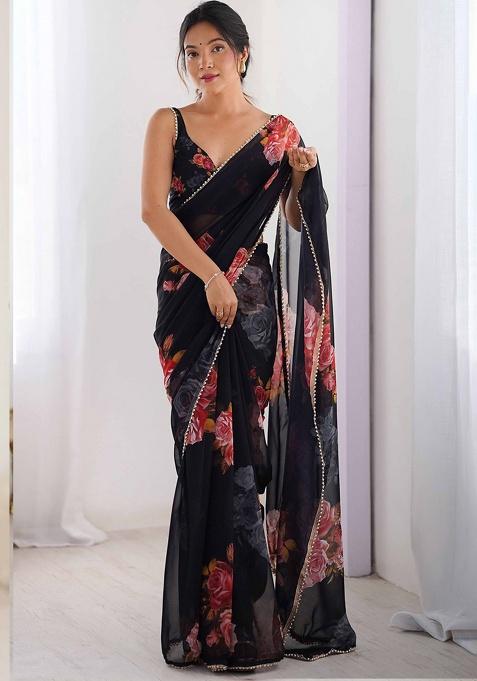 Black Gota Patti Georgette Saree Set