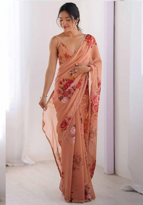 Peach Gota Patti Georgette Saree Set