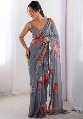 Grey Gota Patti Georgette Saree Set