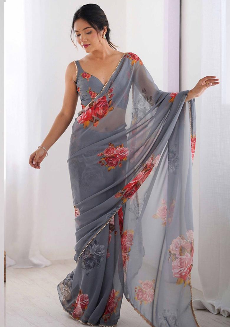Grey Gota Patti Georgette Saree Set - Indya