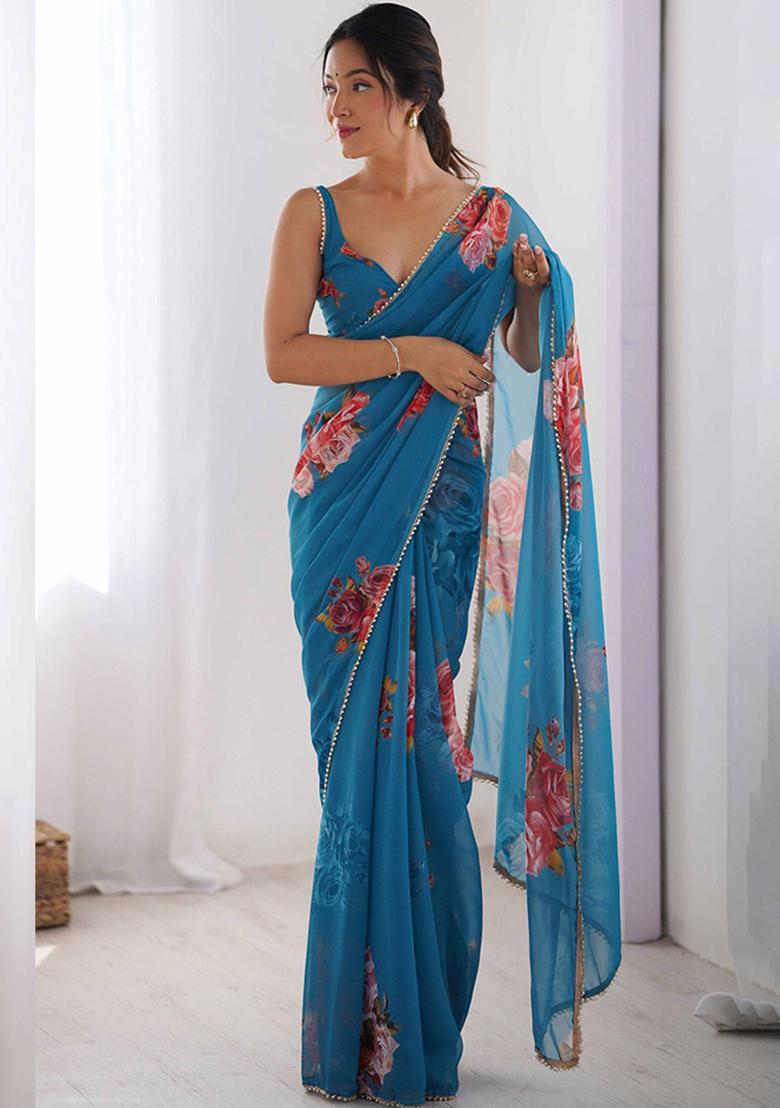 Sky Blue Gota Patti Georgette Saree Set - Indya