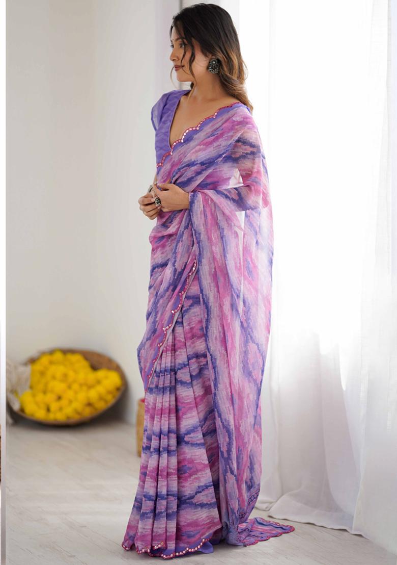 Lavender Gota Patti Georgette Saree Set - Indya