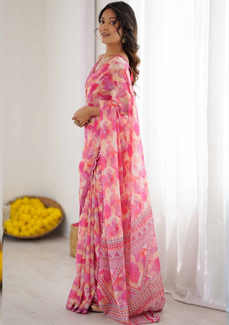 Pink Gota Patti Georgette Saree Set - Indya