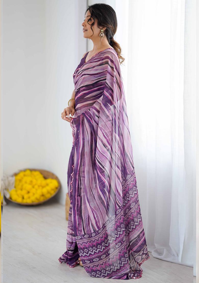 Purple Gota Patti Georgette Saree Set - Indya