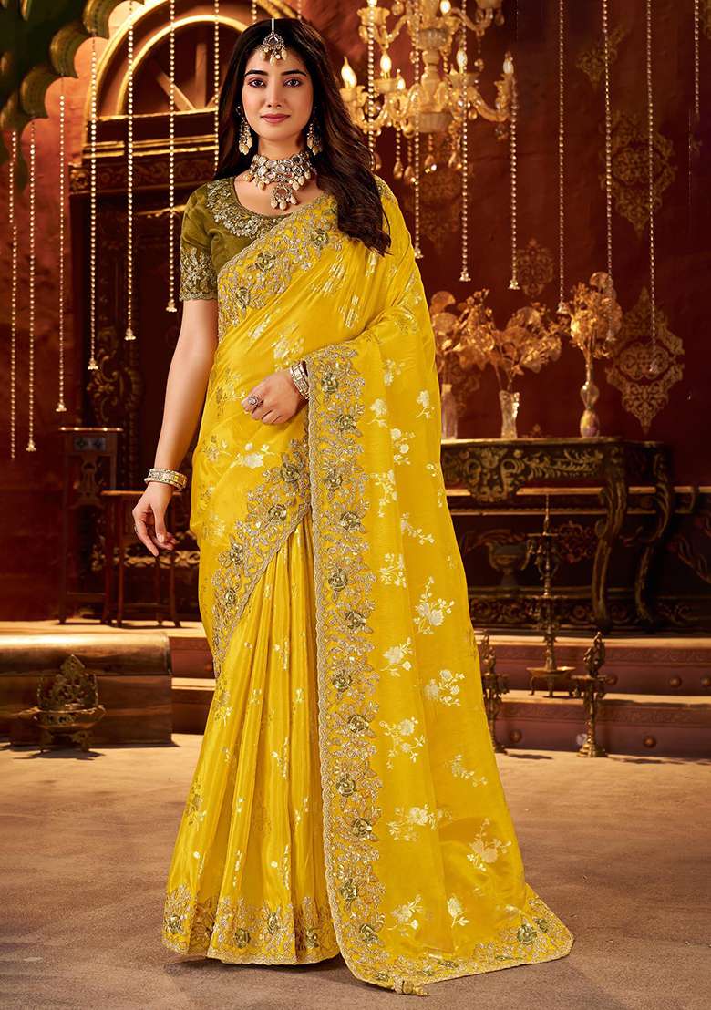 Yellow Embroidery Silk Blend Saree Set - Indya