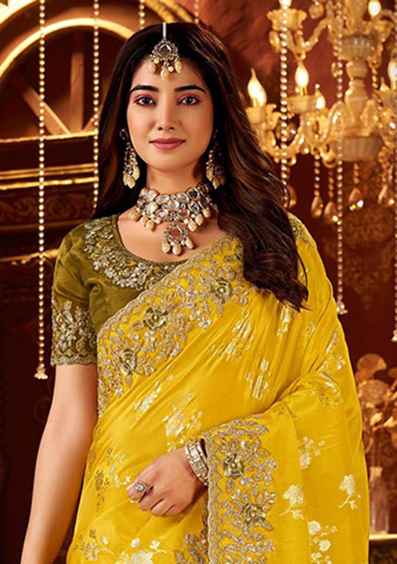 Yellow Embroidery Silk Saree Set - Indya