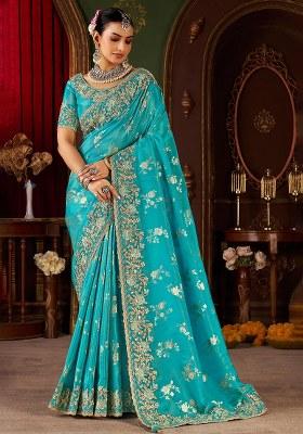Sky Blue Embroidery Silk Saree Set