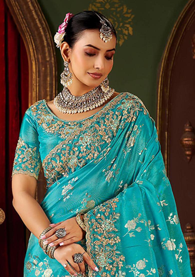 Sky Blue Embroidery Silk Saree Set - Indya
