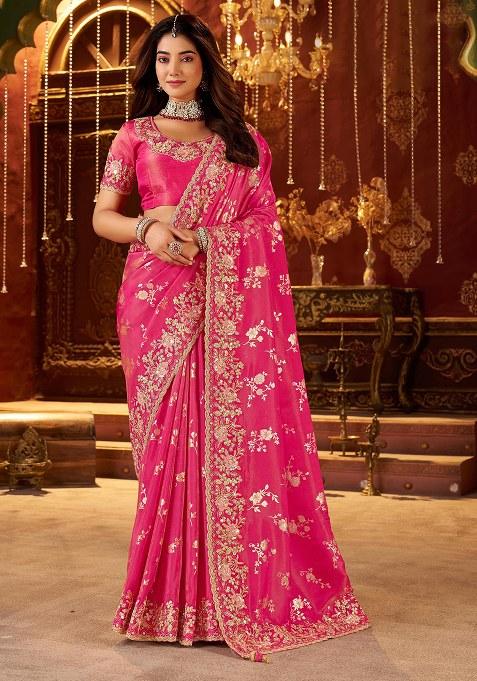 Pink Embroidery Silk Blend Saree Set