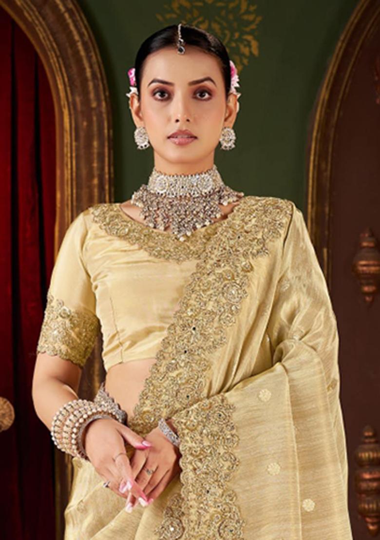 Cream Embroidery Silk Saree Set - Indya