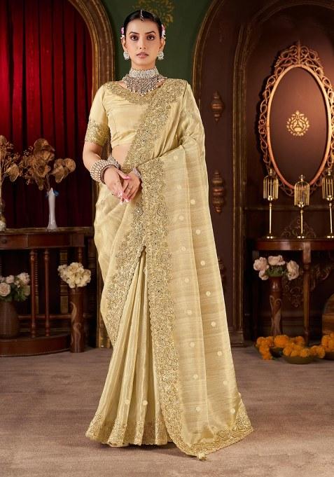 Cream Embroidery Silk Saree Set