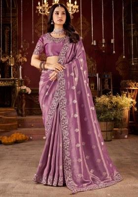 Purple Embroidery Silk Saree Set