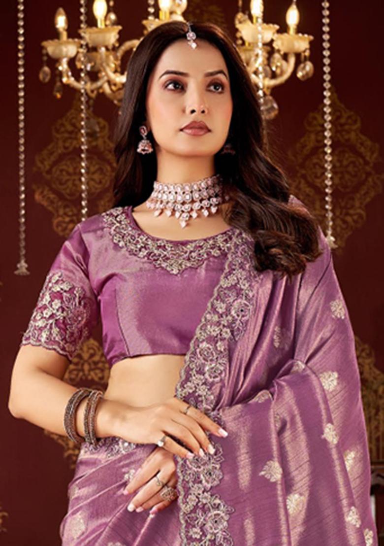 Purple Embroidery Silk Saree Set - Indya