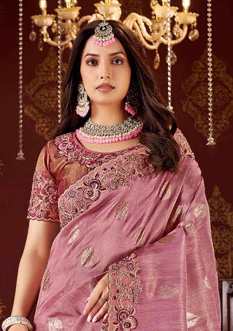 Peach Embroidery Silk Saree Set - Indya