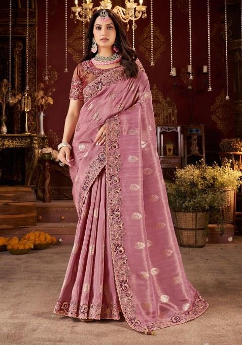 Peach Embroidery Silk Saree Set