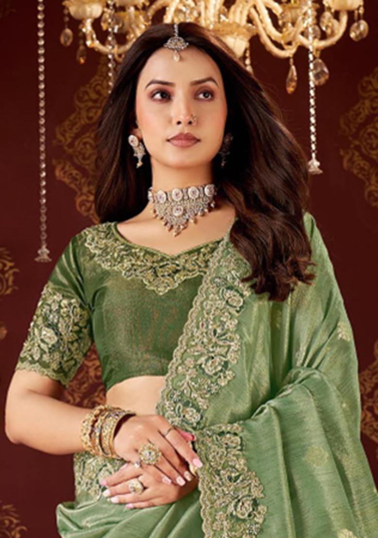 Green Embroidery Silk Saree Set - Indya