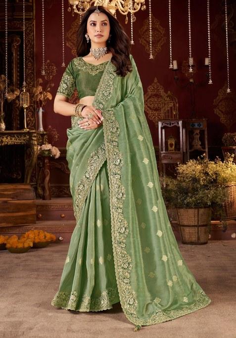 Green Embroidery Silk Saree Set