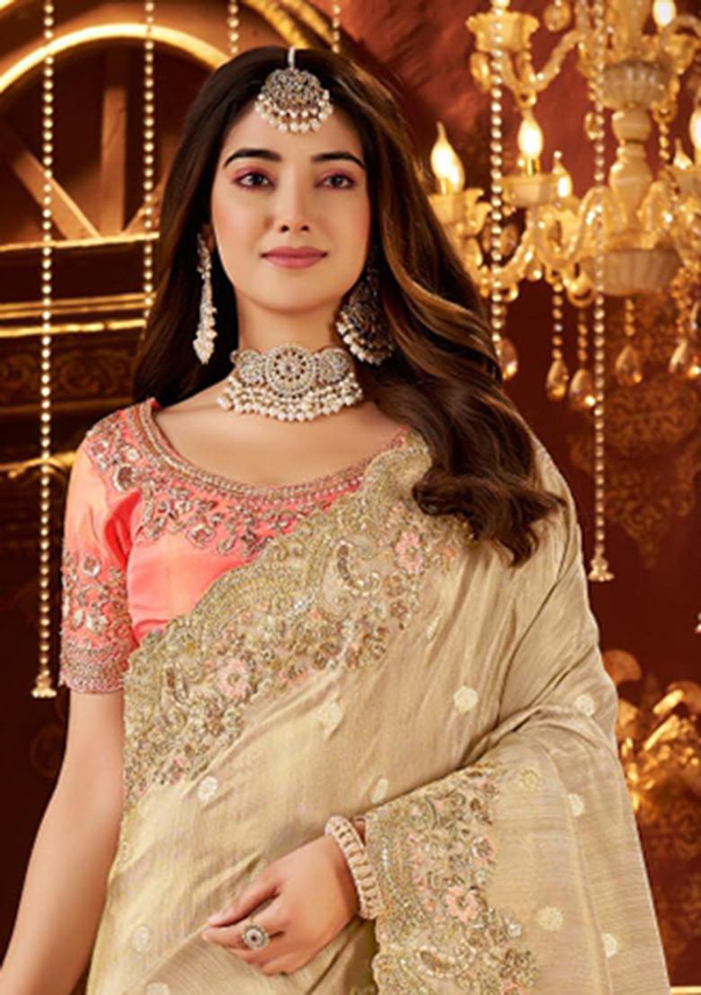 Cream Embroidery Silk Saree Set - Indya