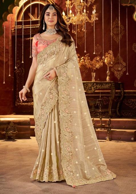 Cream Embroidery Silk Saree Set
