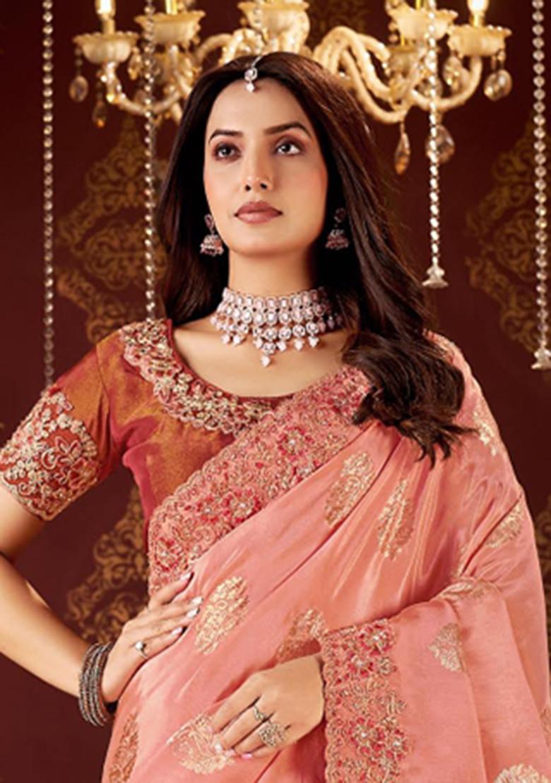 Peach Embroidery Silk Saree Set - Indya