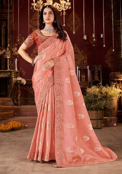 Peach Embroidery Silk Saree Set
