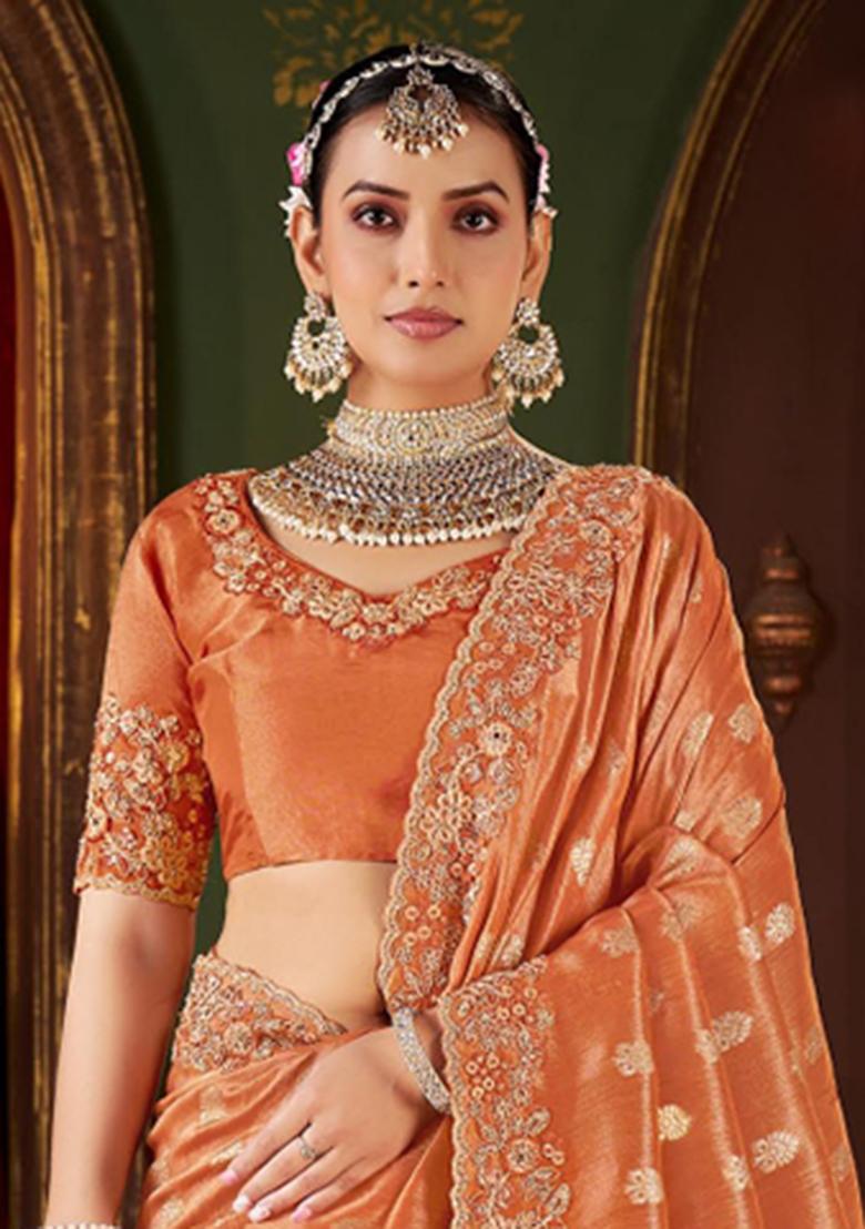Peach Embroidery Silk Saree Set - Indya