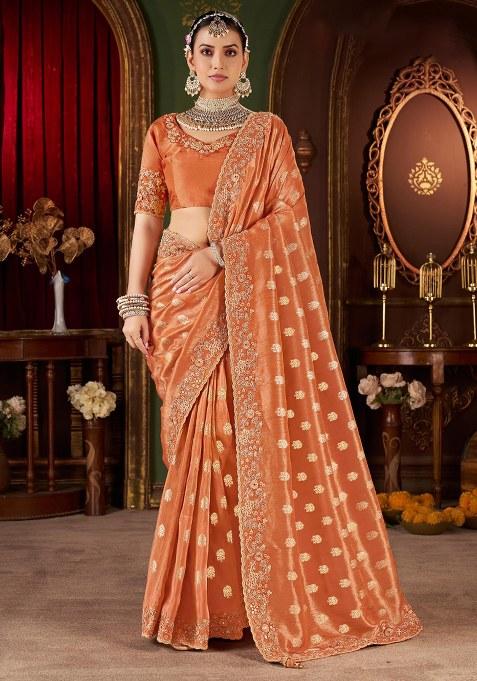 Peach Embroidery Silk Saree Set