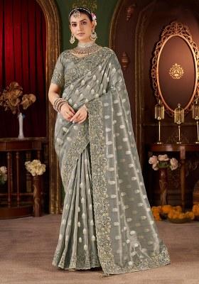Grey Embroidery Silk Saree Set