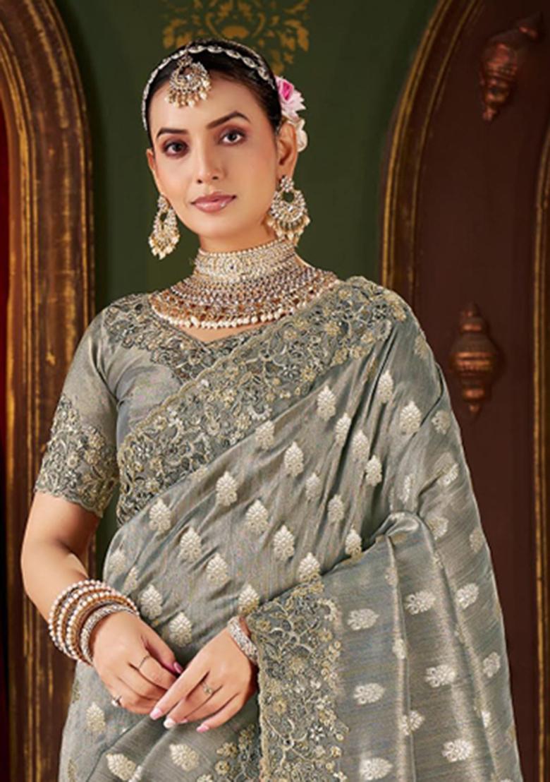 Grey Embroidery Silk Saree Set - Indya