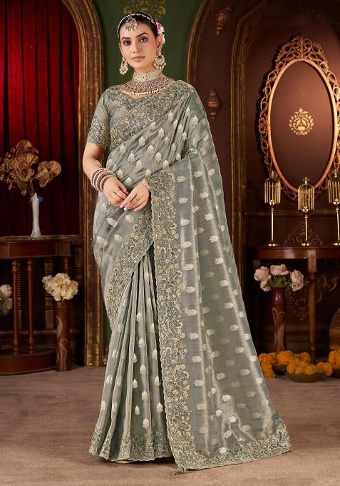 Grey Embroidery Silk Saree Set