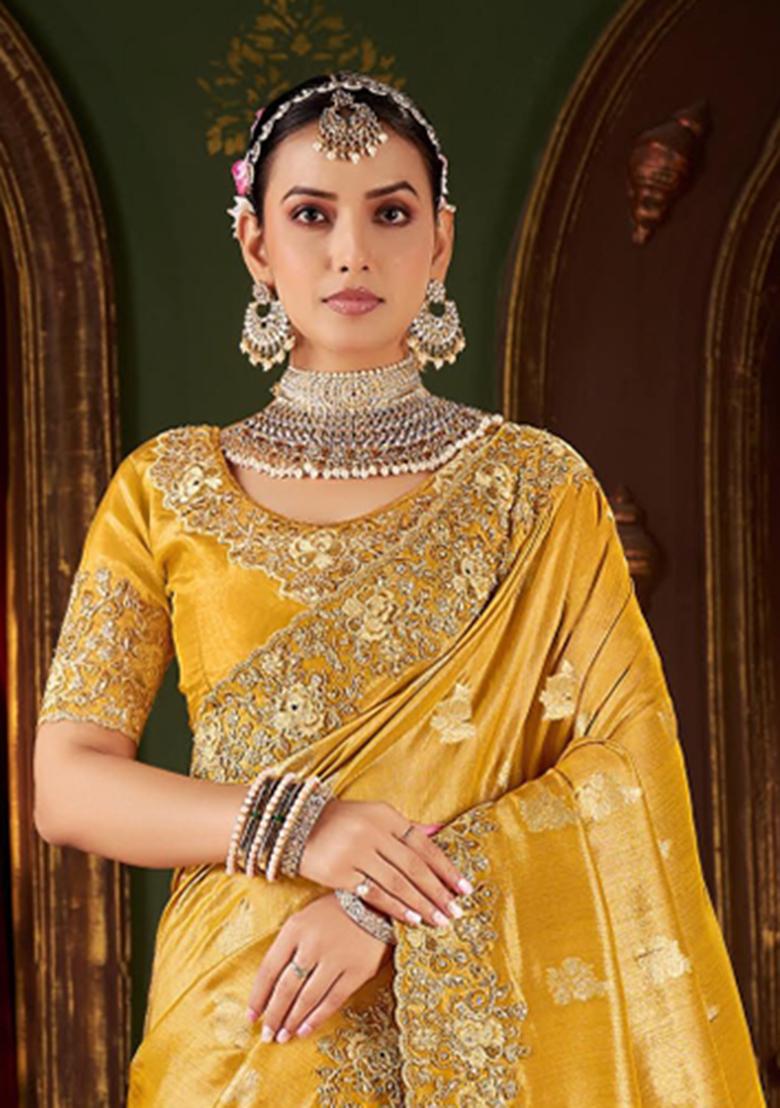 Yellow Embroidery Silk Saree Set - Indya
