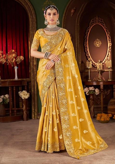 Yellow Embroidery Silk Saree Set