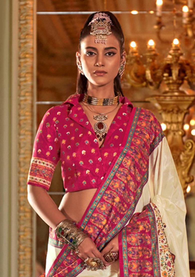 Cream Printed Silk Saree Set - Indya