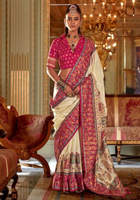 Cream Printed Silk Saree Set