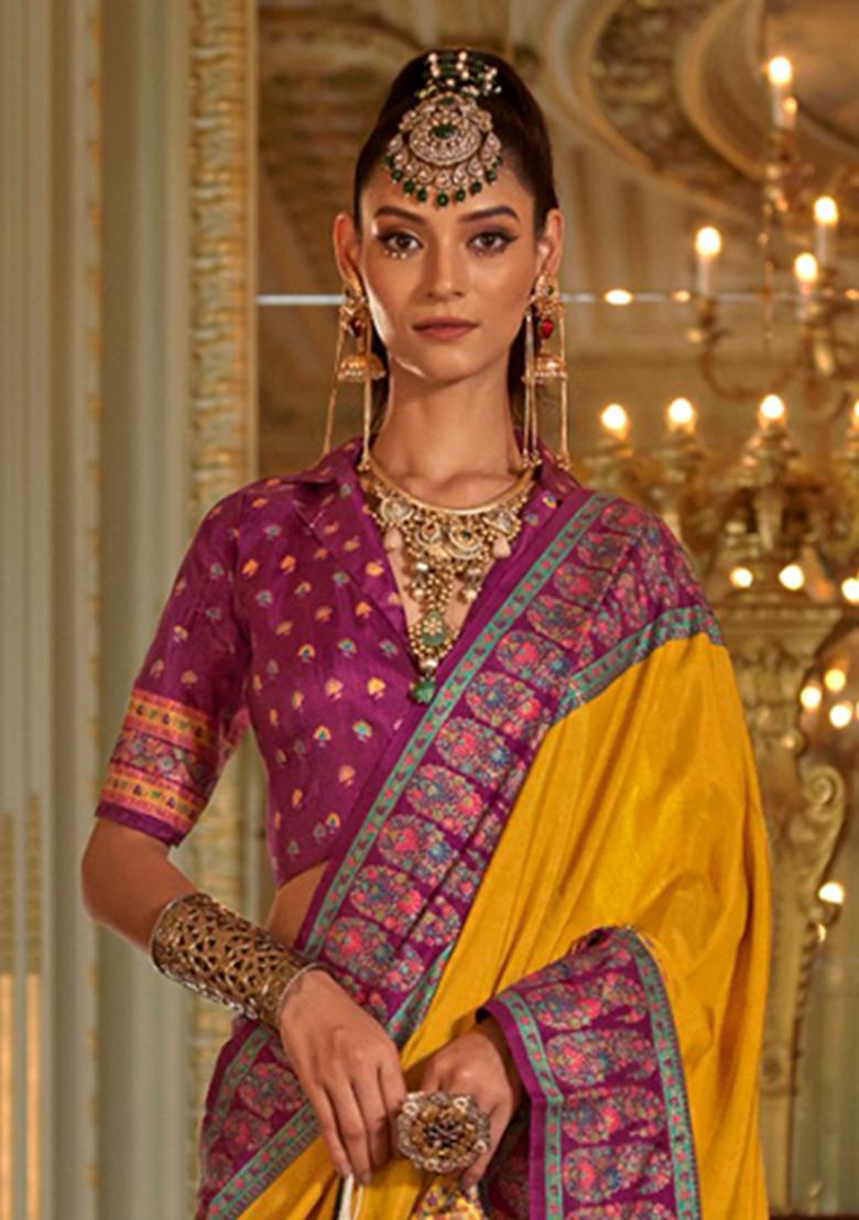 White Printed Silk Saree Set - Indya