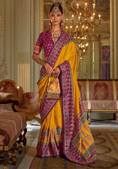 White Printed Silk Saree Set