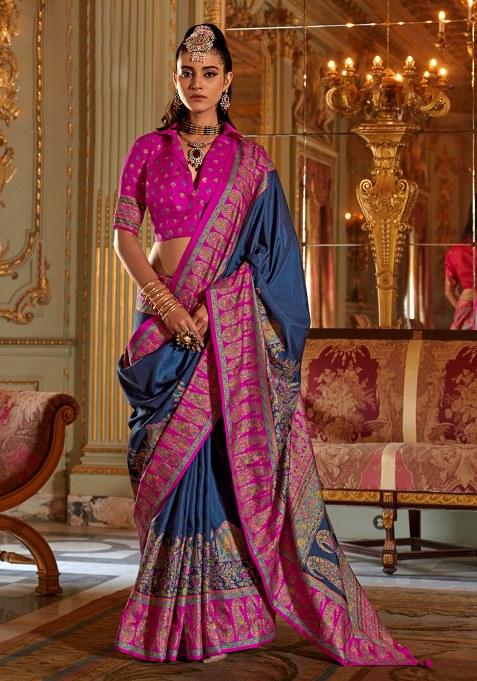 Blue Printed Silk Saree Set