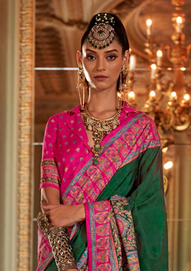 Green Printed Silk Saree Set - Indya