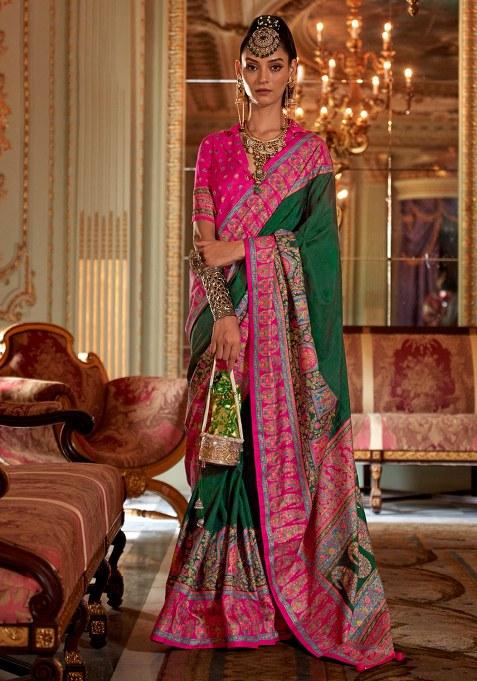 Green Printed Silk Saree Set