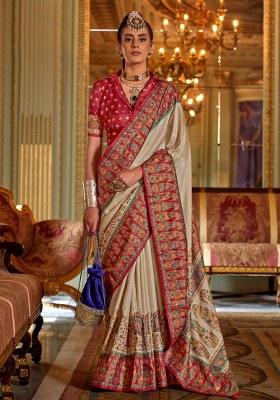 Cream Printed Silk Saree Set
