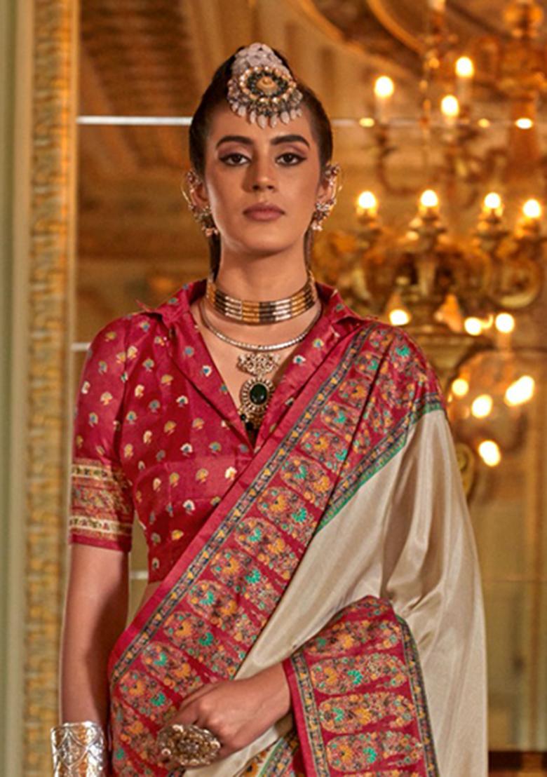 Cream Printed Silk Saree Set - Indya