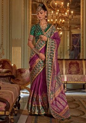 Wine Printed Silk Saree Set