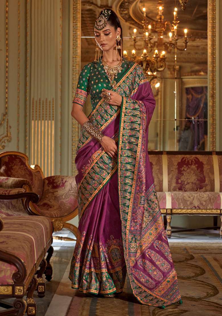Wine Printed Silk Blend Saree Set - Indya