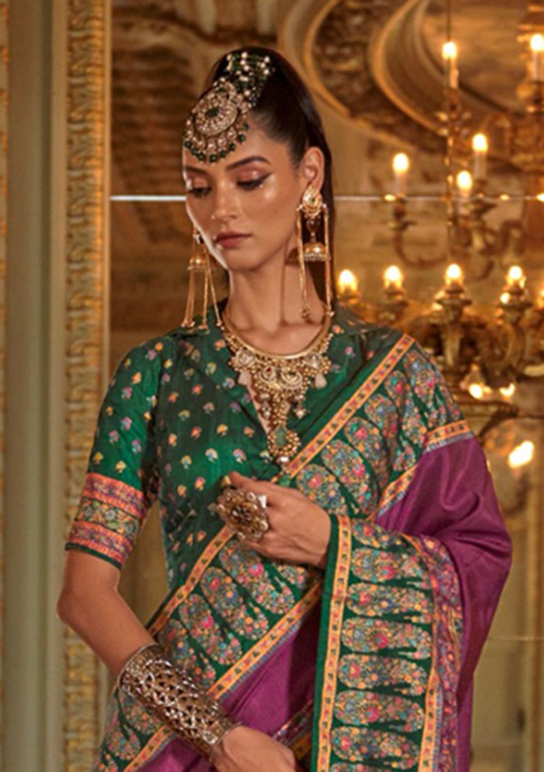 Wine Printed Silk Saree Set - Indya